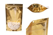 Aluminum Doypack stand-up pouch with zipper, golden back and transparent front side, heat sealable, 180x50x280  mm - 100 pcs