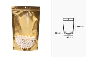 Sachets de type Doypack 180 x 50 x 280 mm en aluminium avec dos doré, fenêtre transparente avec fermeture zip et capacité de scellage avec thermoscellage - 100 pcs-εικόνα_διαστάσεις