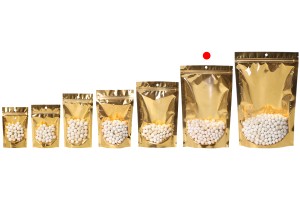 Sachets de type Doypack 180 x 50 x 280 mm en aluminium avec dos doré, fenêtre transparente avec fermeture zip et capacité de scellage avec thermoscellage - 100 pcs-εικόνα_σύνθεση