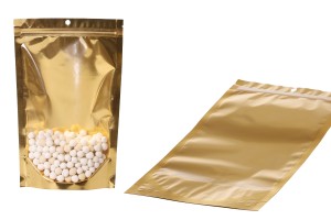 Sachets de type Doypack 180 x 50 x 280 mm en aluminium avec dos doré, fenêtre transparente avec fermeture zip et capacité de scellage avec thermoscellage - 100 pcs-εικόνα_σύνθεση