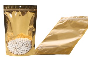 Sachets de type Doypack 200 x 50 x 300 mm en aluminium avec dos doré, fenêtre transparente avec fermeture zip et capacité de scellage avec thermoscellage - 100 pcs-εικόνα_σύνθεση