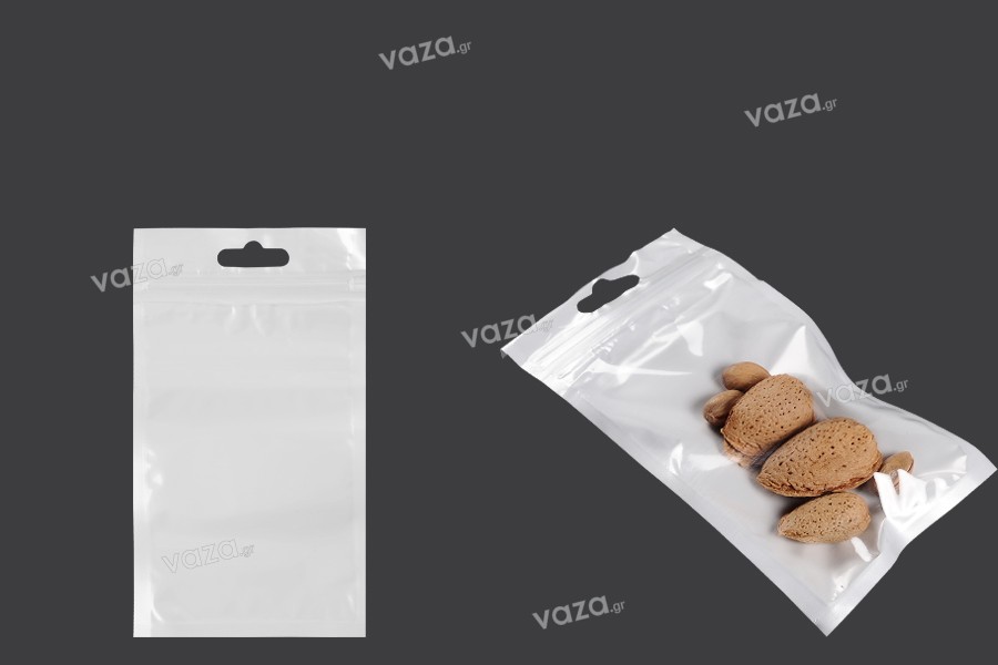 Plastic zip lock pouch with Eurohole, white back side and transparent front size in size 90x160 mm - 100 pcs