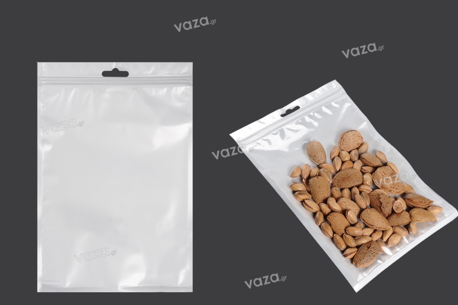 Plastic zip lock pouch with Eurohole white back side and