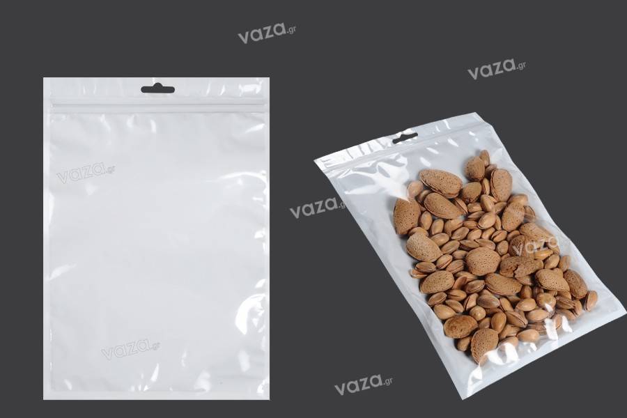 Σακουλάκια πλαστικά με κλείσιμο zip 180x260 mm, λευκή πίσω όψη, διάφανο μπροστά και τρύπα eurohole - 100 τμχ