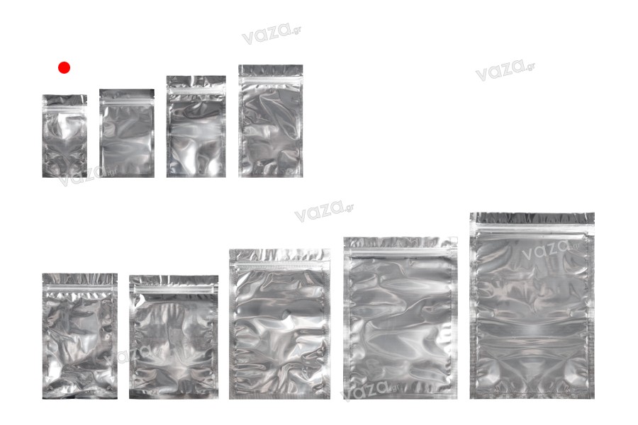 Heat sealable aluminum zip lock pouch with transparent front side in size 70x130 mm - 100 pcs