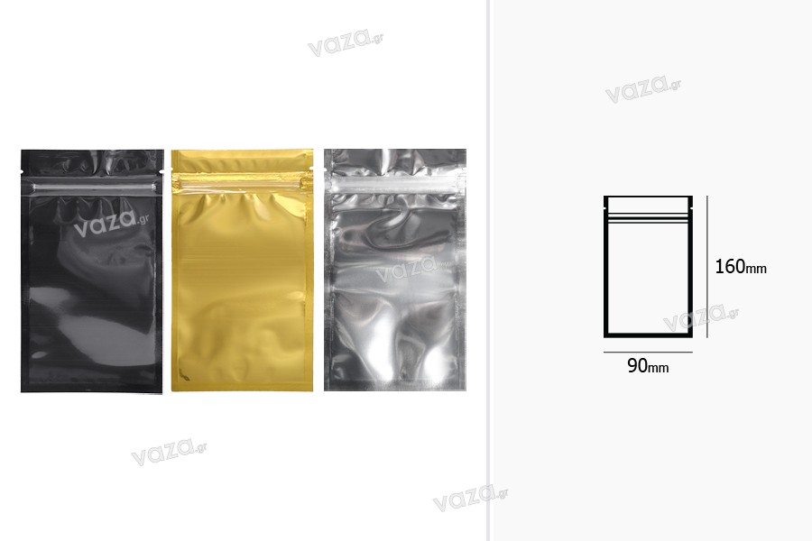 Σακουλάκια αλουμινίου με κλείσιμο "zip" 90x160 mm, διάφανη μπροστά πλευρά και δυνατότητα σφράγισης με θερμοκόλληση - 100 τμχ