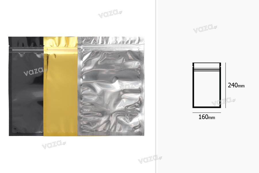 Sachets en aluminium avec fermeture éclair 160 x 240 mm, face avant transparente et possibilité de thermoscellage - 100 pcs