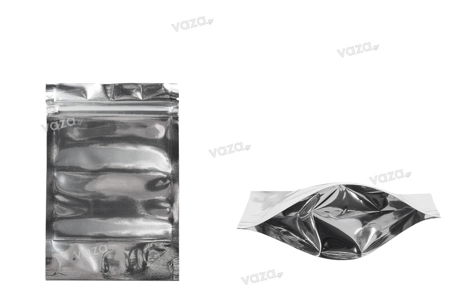 Σακουλάκια τύπου Doy Pack 100x30x150 mm αλουμινίου πίσω πλευρά, διάφανο μπροστά με κλείσιμο "zip" και δυνατότητα σφράγισης με θερμοκόλληση - 100 τμχ