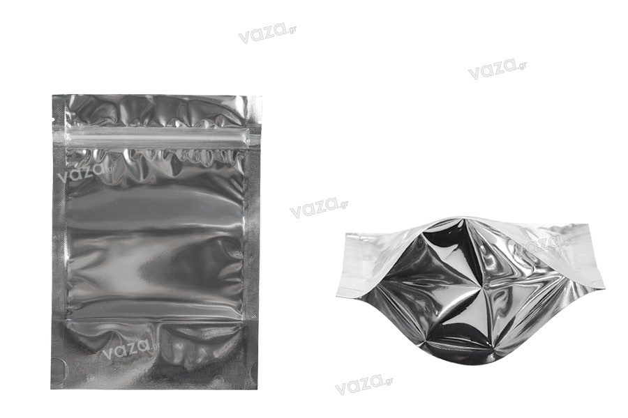 Σακουλάκια τύπου Doy Pack 120x40x170 mm αλουμινίου πίσω πλευρά, διάφανο μπροστά με κλείσιμο "zip" και δυνατότητα σφράγισης με θερμοκόλληση - 100 τμχ