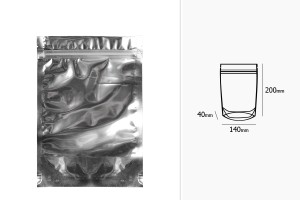 Qese tip Doy Pack 140x40x200 mm, pjesa e pasme alumini, e përparme transparente, me mbyllje “zip” dhe mundësi vulosje me nxehtësi – 100 copë-imazh_dimensione