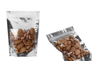 Qese tip Doy Pack 140x40x200 mm, pjesa e pasme alumini, e përparme transparente, me mbyllje “zip” dhe mundësi vulosje me nxehtësi – 100 copë-imazh_grup