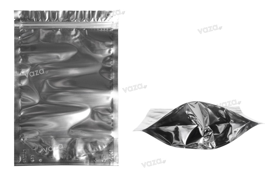 Doypack stand-up pouch with zipper, aluminum back side and transparent front side, heat sealable, 200x50x300mm - 100 pcs