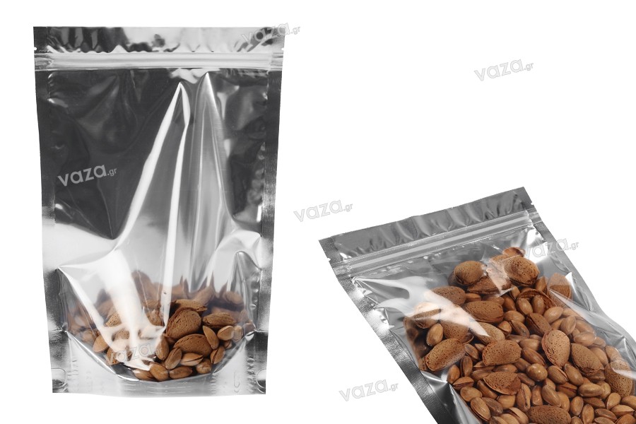 Doypack stand-up pouch with zipper, aluminum back side and transparent front side, heat sealable, 200x50x300mm - 100 pcs