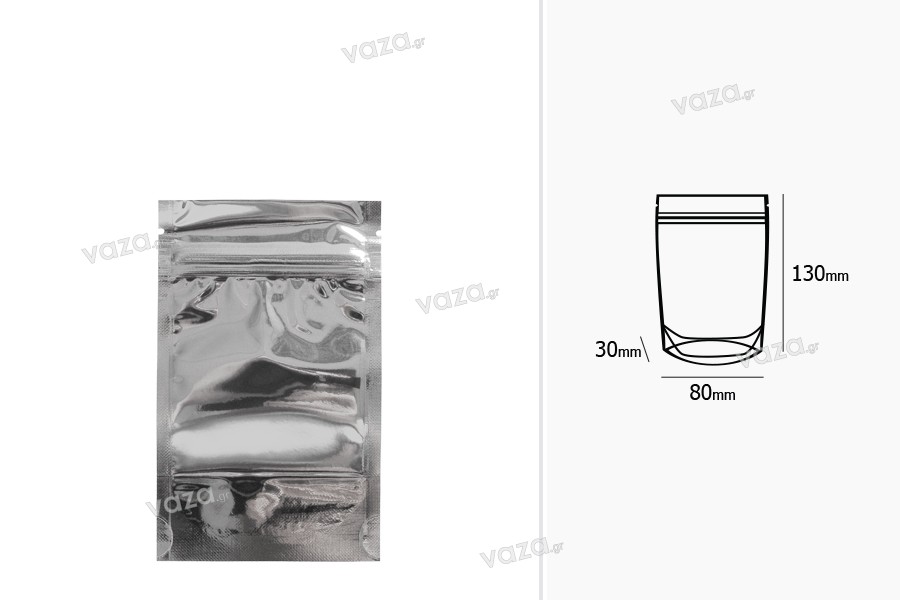 Sachets de type Doypack 80 x 30 x 130 mm dos en aluminium, fenêtre transparente avec fermeture zip et possibilité de fermeture par thermoscellage - 100 pcs