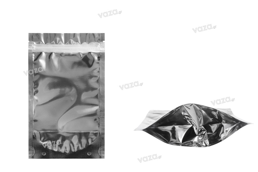 Sachets de type Doypack 120 x 30 x 200 mm dos en aluminium, fenêtre transparente avec fermeture zip et possibilité de fermeture par thermoscellage - 100 pcs
