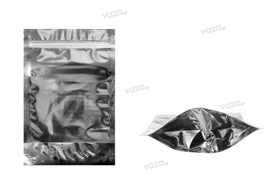 Sachets en aluminium de type Doypack, fenêtre transparente avec fermeture  zip et possibilité de thermoscellage 140 x 40 x 200 mm - 50 pcs
