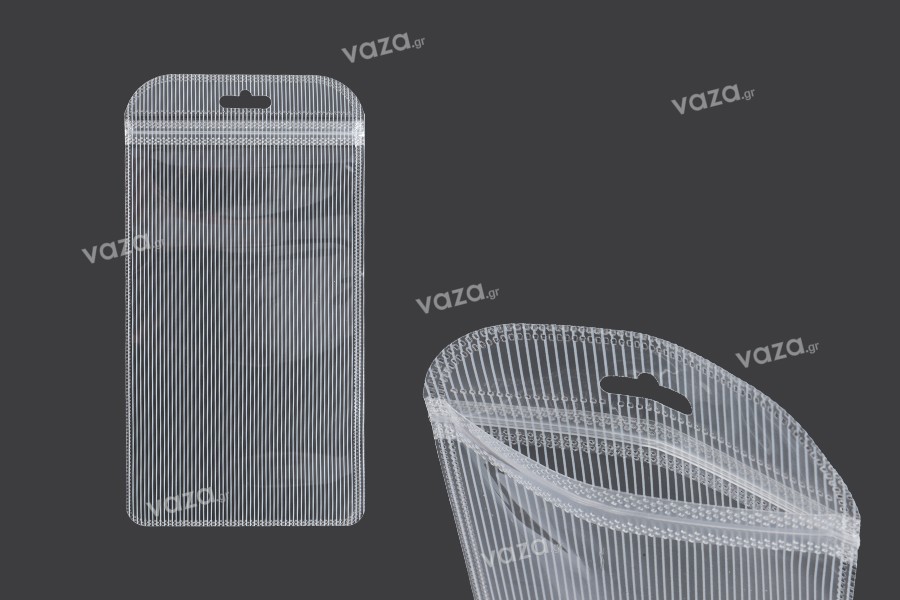 Sachets en plastique avec fermeture éclair 100 x 200 mm rayés, transparents de l'avant à l'arrière et eurohole - 100 pcs