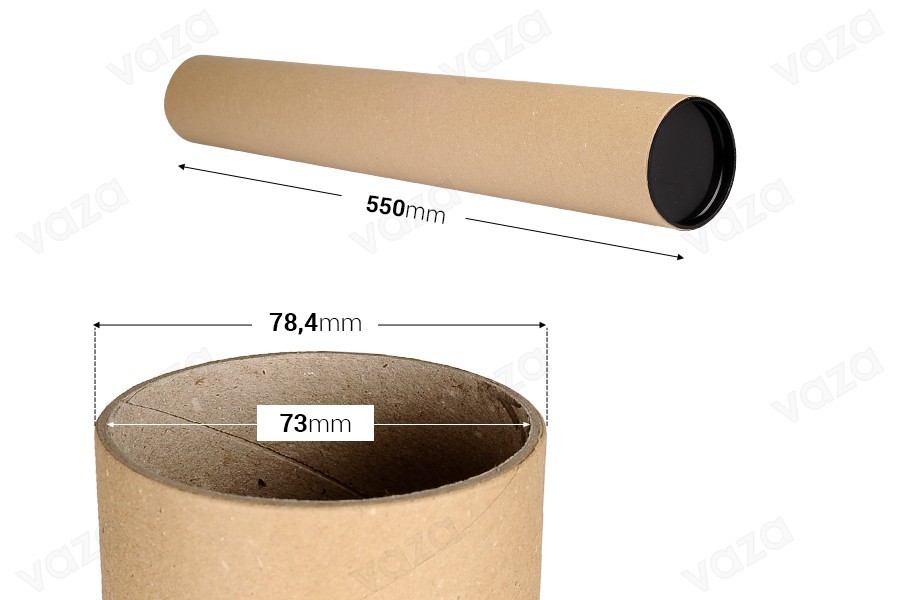 Brown kraft paper tube box 73x550mm with plastic caps - 10 pcs-εικόνα_διαστάσεις