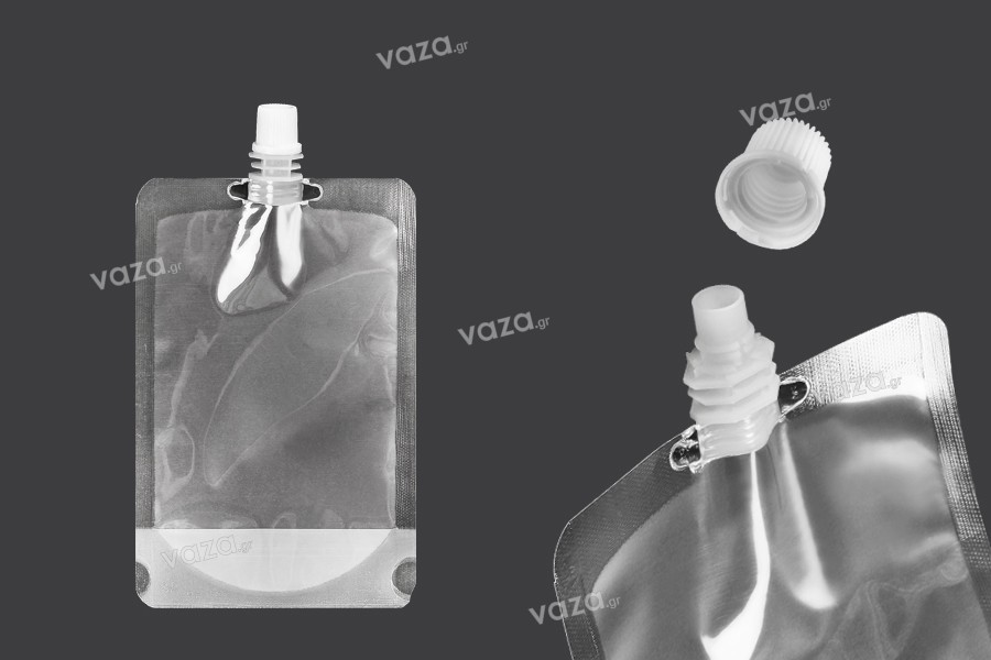 Transparent Doypack stand-up spout pouch with white cap, 300 ml - 50 pcs.