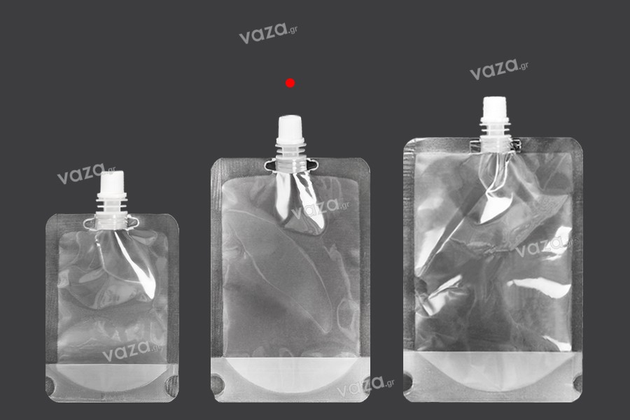 Transparent Doypack stand-up spout pouch with white cap, 300 ml - 50 pcs.