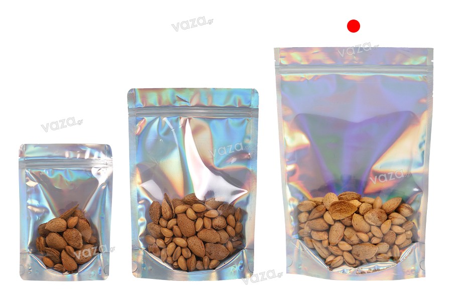 Aluminum Doypack stand-up pouch, transparent front side, with zipper, also heat sealable 200x50x300 mm - 50 pcs