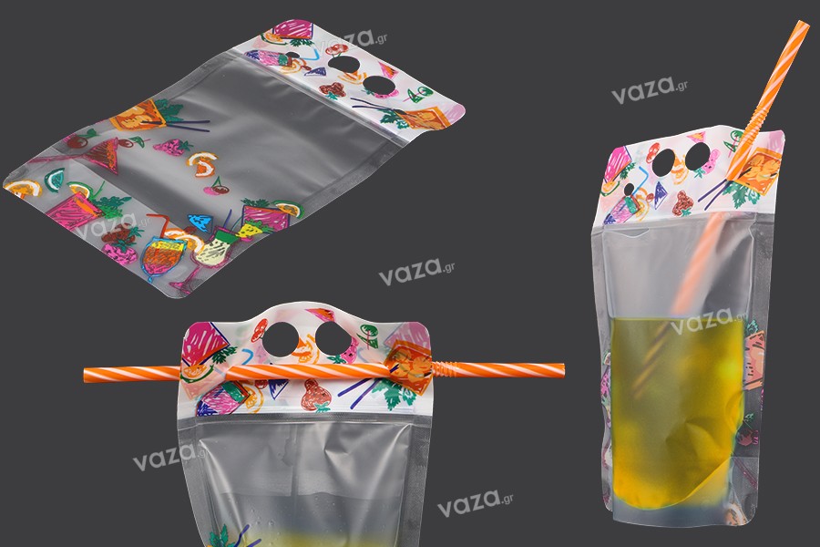 Transparent Doypack stand-up pouch 450 ml with zipper and holes for a drinking straw and carrying around - 50 pcs.