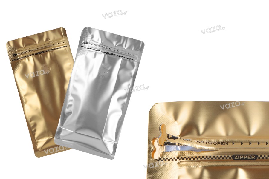 Σακουλάκια αλουμινίου τύπου Doy Pack 135x75x265 mm με βαλβίδα, κλείσιμο με θερμοκόλληση, άνοιγμα με ταινία ασφαλείας και χρήση του zipper - 25 τμχ