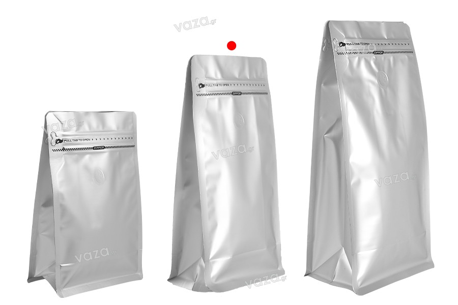 Σακουλάκια αλουμινίου τύπου Doy Pack 135x75x265 mm με βαλβίδα, κλείσιμο με θερμοκόλληση, άνοιγμα με ταινία ασφαλείας και χρήση του zipper - 25 τμχ