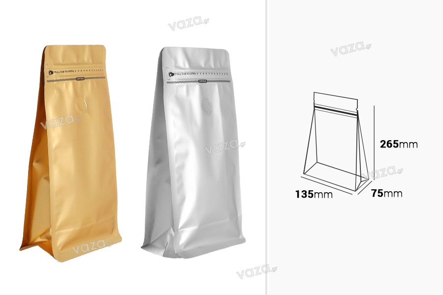 Σακουλάκια αλουμινίου τύπου Doy Pack 135x75x265 mm με βαλβίδα, κλείσιμο με θερμοκόλληση, άνοιγμα με ταινία ασφαλείας και χρήση του zipper - 25 τμχ