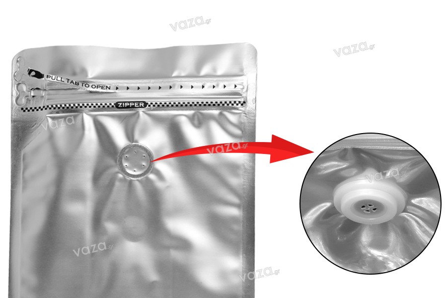 Σακουλάκια αλουμινίου τύπου Doy Pack 135x75x265 mm με βαλβίδα, κλείσιμο "zip" και δυνατότητα σφράγισης με θερμοκόλληση - 25 τμχ
