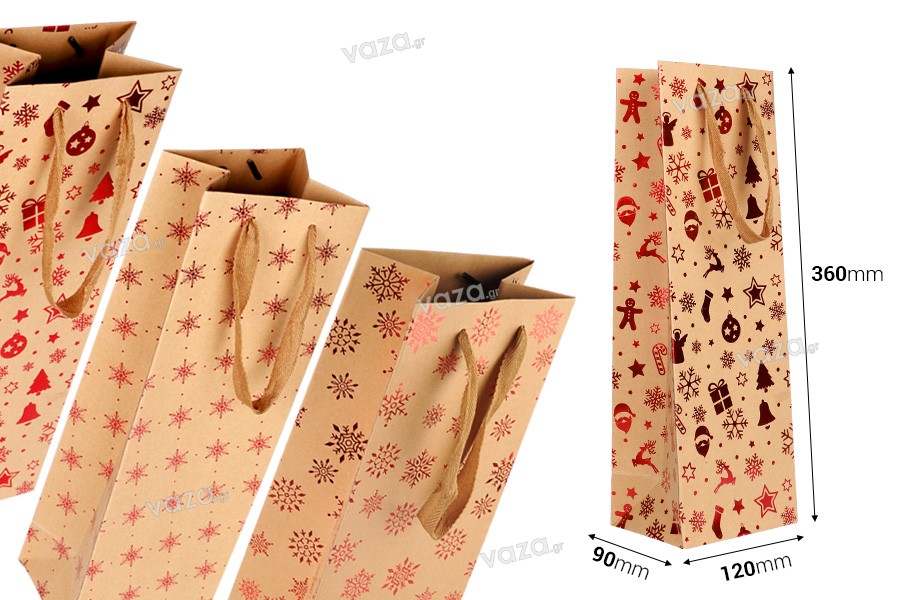 Χριστουγεννιάτικη χάρτινη σακούλα κραφτ για μπουκάλι κρασιού 120x90x360 mm - 12 τμχ