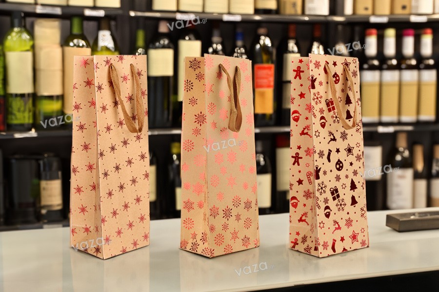 Χριστουγεννιάτικη χάρτινη σακούλα κραφτ για μπουκάλι κρασιού 120x90x360 mm - 12 τμχ