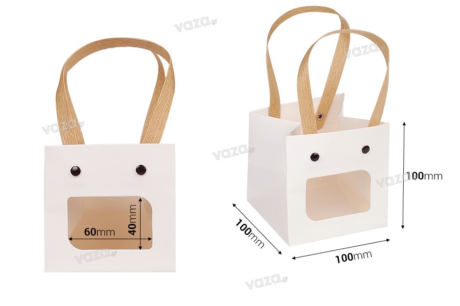 Paper gift bag 100x100x100 mm white with window - 12 pcs