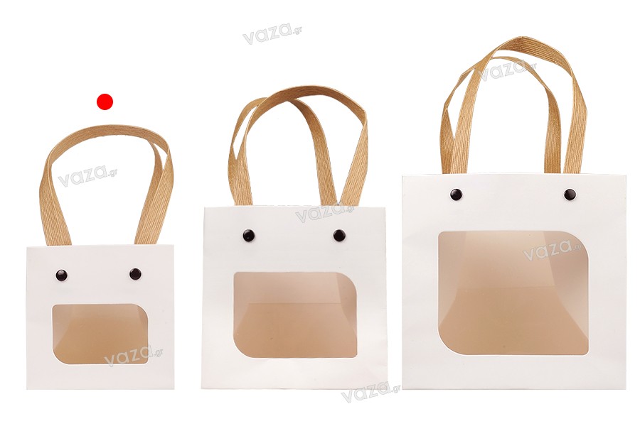 Paper gift bag 100x100x100 mm white with window - 12 pcs