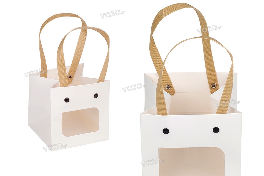 Paper gift bag 100x100x100 mm white with window - 12 pcs