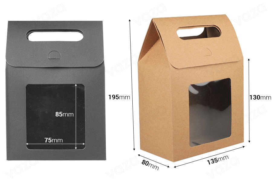Poignée sac cadeau en papier 135x80x195 mm avec fenêtre - 12 pcs Poignée sac cadeau en papier 135x80x195 mm avec fenêtre - 12 pcs-photo_dimensions