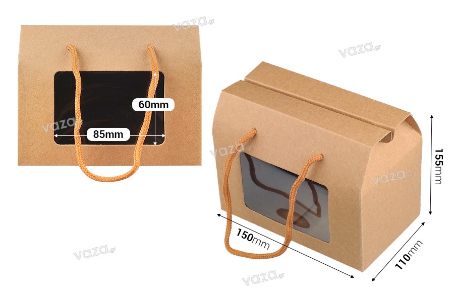 Χάρτινο κουτάκι - βαλιτσάκι δώρου 150x90x115 mm με κορδόνι και παράθυρο σε διάφορα χρώματα - 12 τμχ