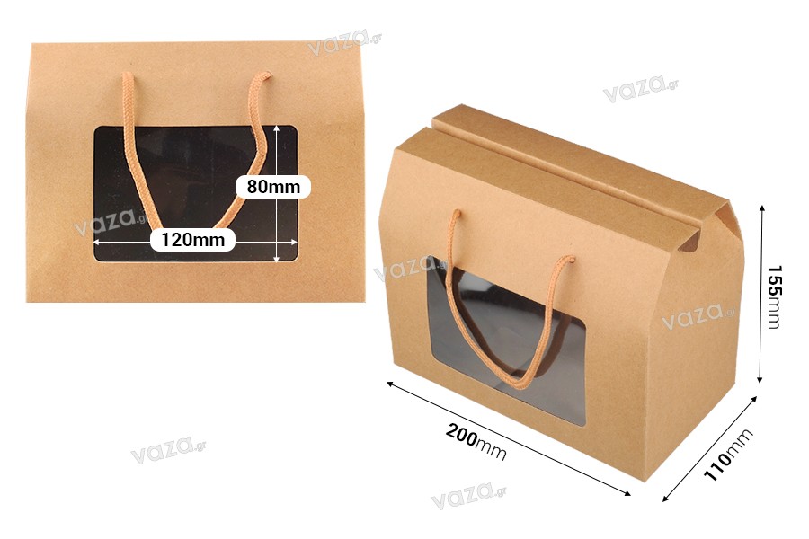 Χάρτινο κουτάκι - βαλιτσάκι δώρου 200x110x155 mm με κορδόνι και παράθυρο σε διάφορα χρώματα - 12 τμχ