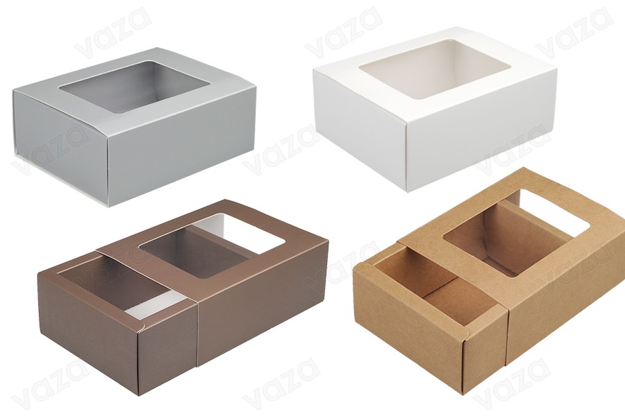 Papierverpackungsbox 140x110x52 mm Schublade mit Sichtfenster - 12 Stück Papierverpackungsbox 140x110x52 mm Schublade mit Sichtfenster - 12 Stück-produktbild