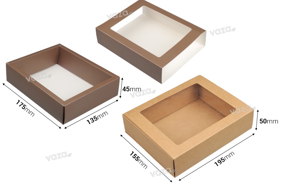 Kraft paper drawer box 195x155x50 mm with window - 12 pcs