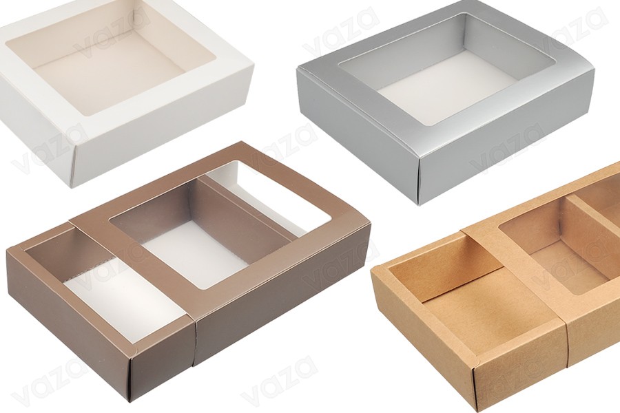 Papierverpackungsbox 195x155x50 mm Schublade mit Sichtfenster - 12 Stück Papierverpackungsbox 195x155x50 mm Schublade mit Sichtfenster - 12 Stück-produktbild