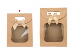 Kraft paper gift bag 120x60x150 mm with self-adhesive closure, window and bow - 12 pcs