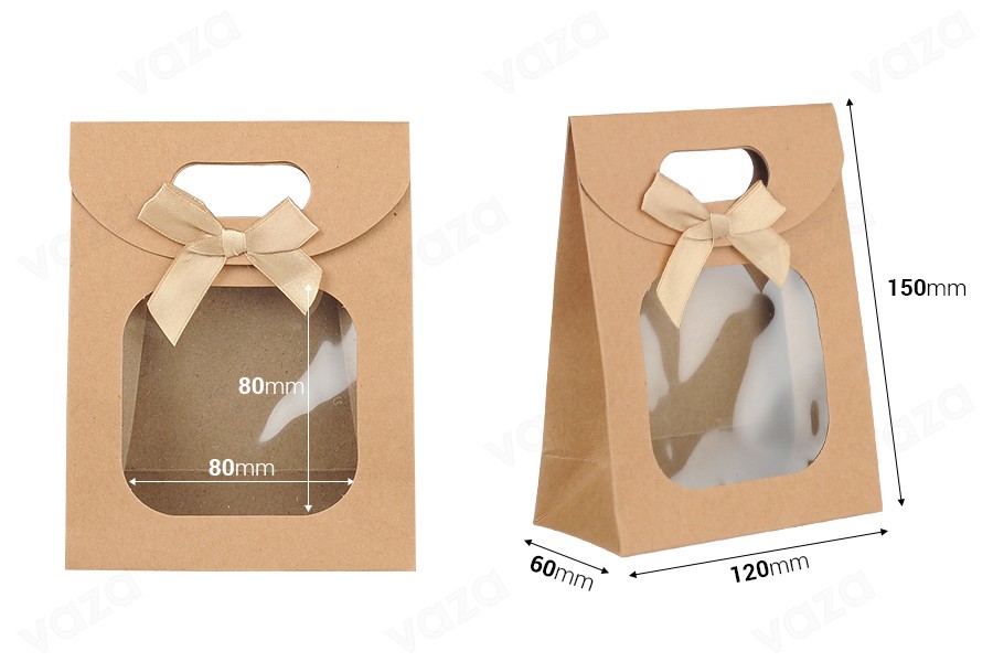 Sac cadeau en papier kraft 120x60x150 mm avec fermeture autocollante, fenêtre et nœud - 12 pcs Sac cadeau en papier kraft 120x60x150 mm avec fermeture autocollante, fenêtre et nœud - 12 pcs-εικόνα_διαστάσεις