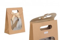 Kraft paper gift bag 120x60x150 mm with self-adhesive closure, window and bow - 12 pcs