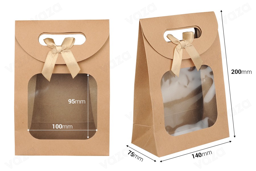Sac cadeau en papier kraft 140x75x200 mm avec fermeture autocollante, fenêtre et nœud - 12 pcs Sac cadeau en papier kraft 140x75x200 mm avec fermeture autocollante, fenêtre et nœud - 12 pcs-photo_dimensions