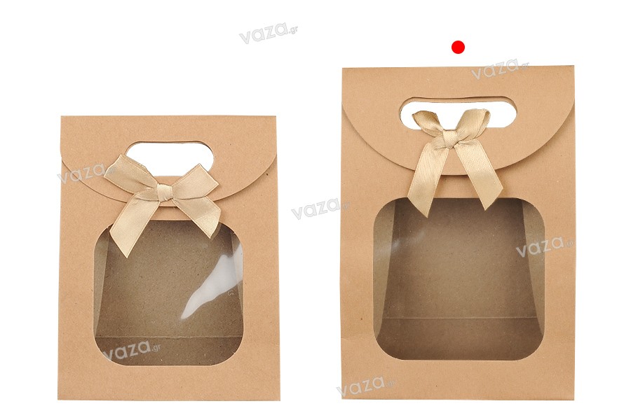 Kraft paper gift bag 140x75x200 mm with self-adhesive closure, window and bow - 12 pcs