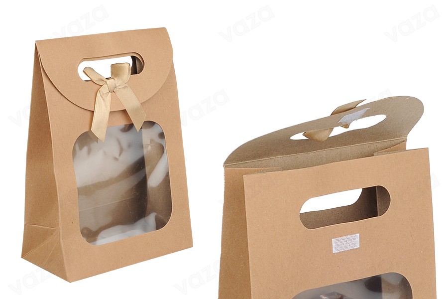 Sac cadeau en papier kraft 140x75x200 mm avec fermeture autocollante, fenêtre et nœud - 12 pcs Sac cadeau en papier kraft 140x75x200 mm avec fermeture autocollante, fenêtre et nœud - 12 pcs-photo_produit