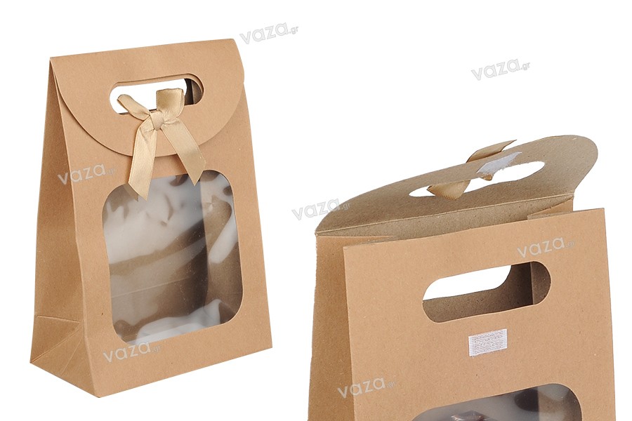 Τσάντα δώρου χάρτινη κραφτ 140x75x200 mm με αυτοκόλλητο κλείσιμο χριτς χρατς, παράθυρο και φιόγκο - 12 τμχ