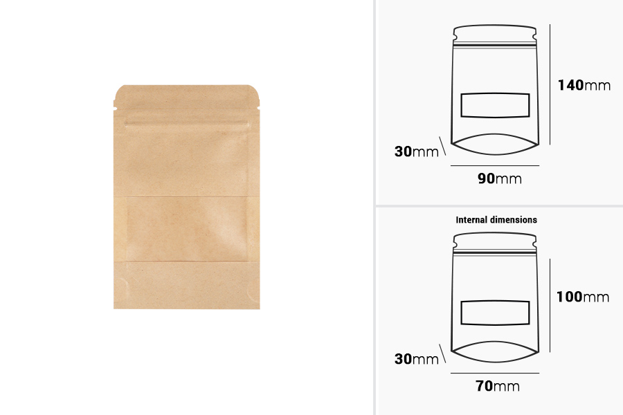 Standbodenbeutel aus Kraftpapier mit Sichtfenster und Druckverschluss, verschließbar 90x30x140mm - 100 Stücke