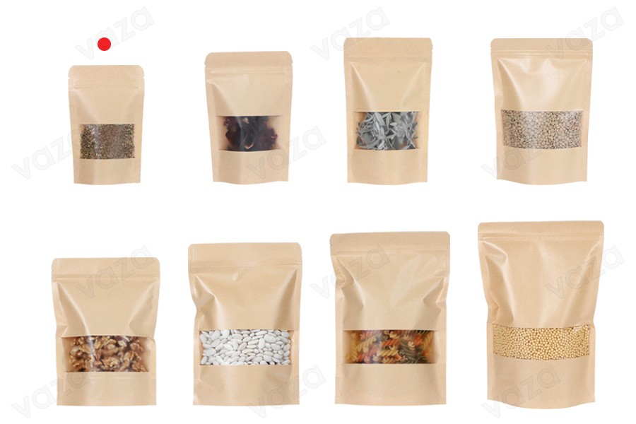 Sachets en papier kraft de type Doypack 90x30x140 mm, avec fermeture zip et fenêtre, revêtement intérieur et extérieur transparent et possibilité de fermeture par thermoscellage - 100 pcs Sachets en papier kraft de type Doypack 90x30x140 mm, avec fermeture zip et fenêtre, revêtement intérieur et extérieur transparent et possibilité de fermeture par thermoscellage - 100 pcs-photo_groupe